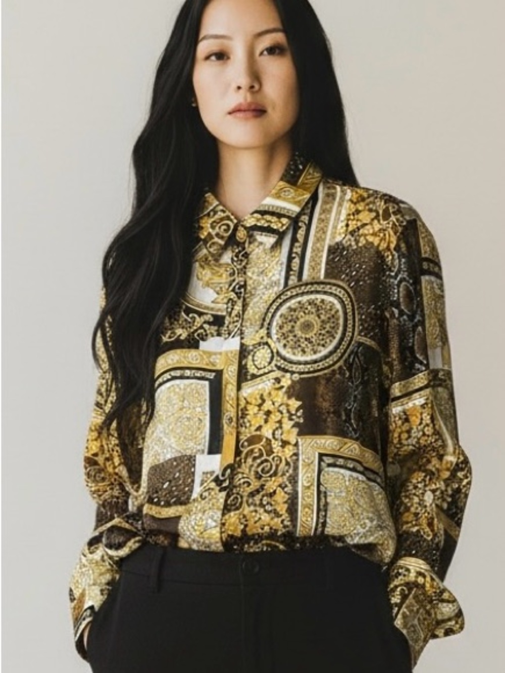 Versace Barocco Patchwork Print Button-Up Silk Blouse SZ 48IT/14US MSRP $1175